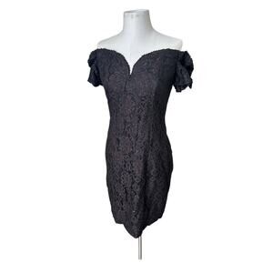 Vintage 80s LBD Lace Sheath Cocktail Party Dress Off the Shoulder Black 12 Glam